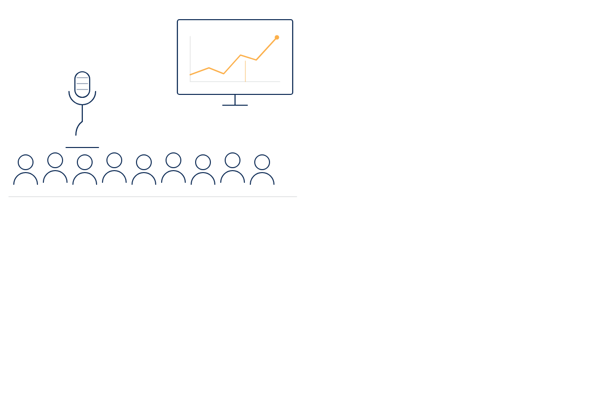 Line illustration of a microphone facing an audience beside a presentation board with a rising chart